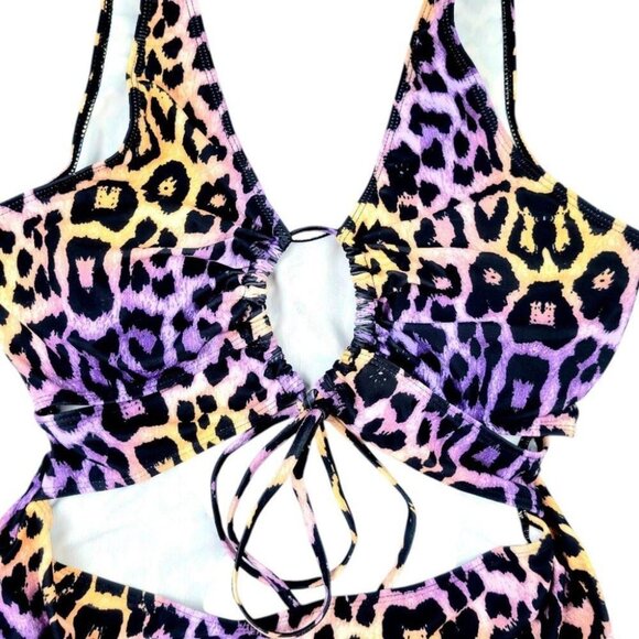 Womens Plus 2X Multi-Color Leopard Print One Piece High Waist Cut Out Swimsuit - Picture 2 of 9